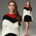 Color-block Fringed Sweater