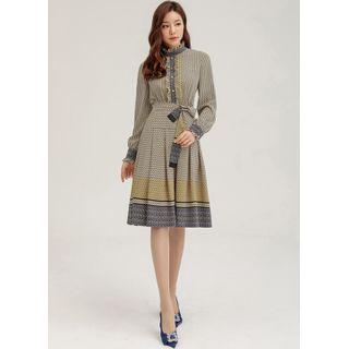 Frill-trim Patterned Midi Pleated Dress