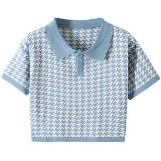 Houndstooth Knit Cropped Polo Shirt