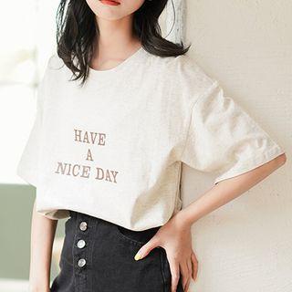 Short-sleeve Lettering T-shirt Gray Beige - One Size