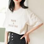 Short-sleeve Lettering T-shirt Gray Beige - One Size