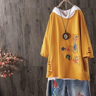 Embroidered Ripped 3/4-sleeve T-shirt