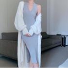Plain Slim Fit Halter Midi Dress / Plain Long Cardigan