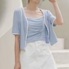 Set: Short-sleeve Button-up Top + Camisole Top Top - Blue - One Size / Camisole Top - Blue - One Size