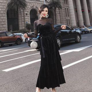 Set: Mock Neck Mesh Panel Velvet Blouse + Maxi A-line Tiered Skirt