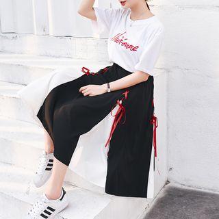 Set: Short-sleeve T-shirt + Color Block Midi A-line Skirt