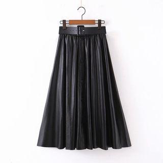 Set: Faux Leather Midi A-line Skirt + Belt Black - One Size