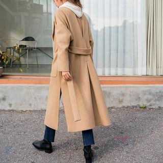 Open-front Wool Blend Coat With Sash Beige - One Size