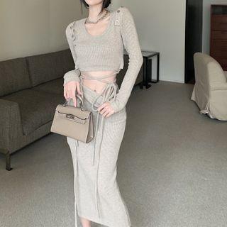 Long-sleeve Tie-waist Crop Top / Knit Midi Skirt