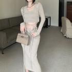 Long-sleeve Tie-waist Crop Top / Knit Midi Skirt