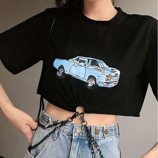Chain Accent Print Short-sleeve Slim-fit Cropped T-shirt As Figure - One Size