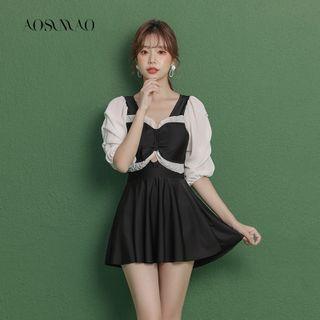 Set: Puff-sleeve Swimsuit + Skirt
