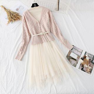 Set: Cable Knit Cropped Cardigan + Mock Neck Mesh Dress