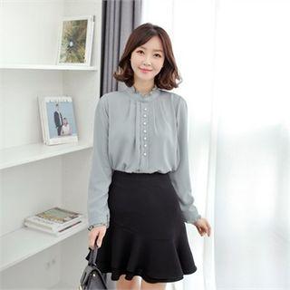 Frill-neck Faux-pearl Trim Top