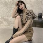 Plain Sweater / Faux Leather Shorts / Leopard Knit Shawl