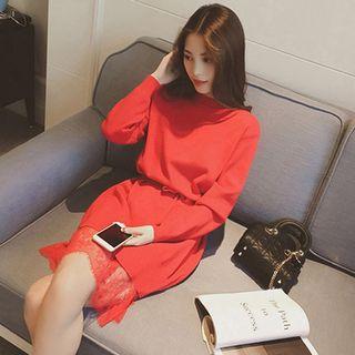 Lace Hem Tie Waist Long Sleeve Knit Dress