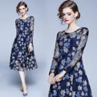 Paneled 3/4-sleeve Maple Pattern Midi A-line Lace Dress