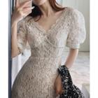 Puff-sleeve Embellished Lace Midi Dress