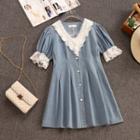 Lace Trim Short-sleeve Denim Mini A-line Dress