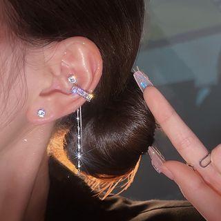 Rhinestone Fringed Alloy Cuff Earring 1 Pc - Left Ear - Clip On Earring - Silver - One Size