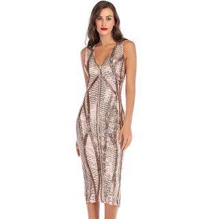 Sleeveless Sequined Slit Midi Sheath Dress