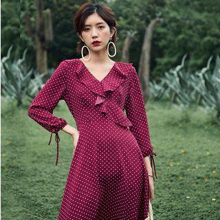 Long-sleeve Dotted Ruffle Trim Midi Chiffon Dress