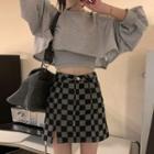 Split Denim Skirt / Cropped Long-sleeve Sweatshirt / Camisole Top