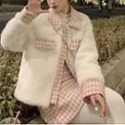 Long-sleeve Plaid Panel Fleece Jacket / Plaid Mini Skirt