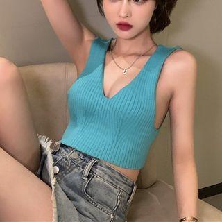 V-neck Sleeveless Knit Top Blue - One Size