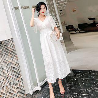 V-neck Short-sleeve Midi Chiffon Dress