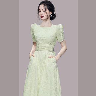 Puff-sleeve Open-back Shirred A-line Dress
