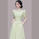 Puff-sleeve Open-back Shirred A-line Dress