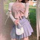 Cropped Cardigan / Strapless Plaid Bow Accent Top / Mini Pleated Skirt