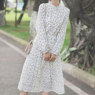 Flower Print Long-sleeve Midi A-line Skirt