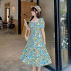 Short-sleeve Square-neck Floral Print A-line Dress