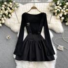 Set Of 2 : Round-neck Long-sleeve Top + Ruched Suspender Skirt
