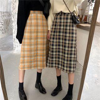 Plaid Back Slit Midi Skirt