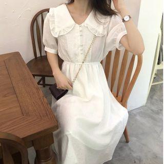 Short-sleeve Ruffle Trim Collar Midi A-line Dress