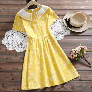 Short-sleeve Cat Print Collared A-line Dress