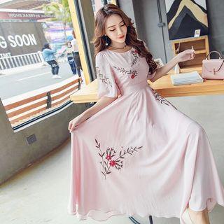 Flower Embroidered Short Sleeve Midi Chiffon Dress
