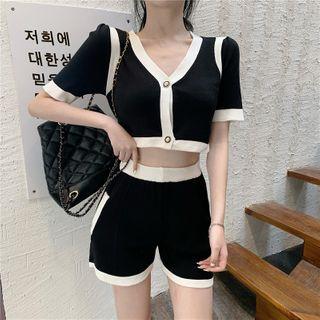 Set: Two-tone Short-sleeve Cropped Knit Top + High-waist Shorts
