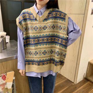 Pattern Sweater Vest Khaki - One Size
