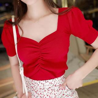 Sweetheart-neck Puff-sleeve Rib-knit Top