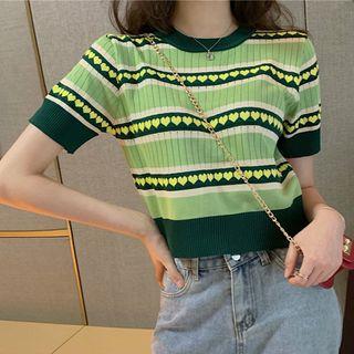 Short-sleeve Heart Print Knit Top Avocado Green - One Size