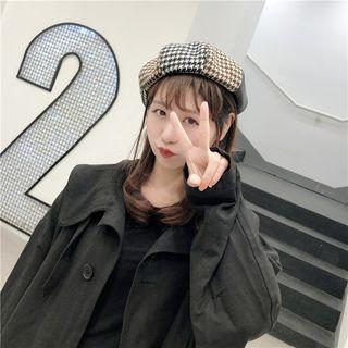 Houndstooth Faux Leather Panel Beret Hat