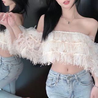 Off Shoulder Fringed Top Beige - One Size