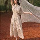Set: Sleeveless Floral Print Midi A-line Dress + Cape
