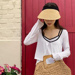 Contrast-piping Cardigan & Cami Top Set