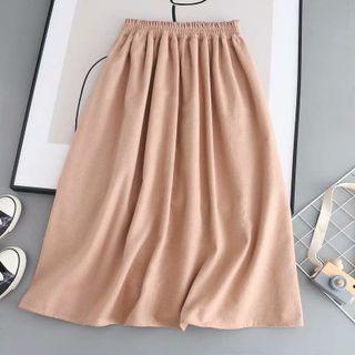 Elastic-waist Plain A-line Midi Skirt Nude - One Size