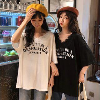 Elbow-sleeve Lettering V-neck T-shirt